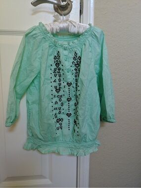Faded Glory Girls Mint Green Long Sleeve Top with Navy Embroidery size S(6-6x)